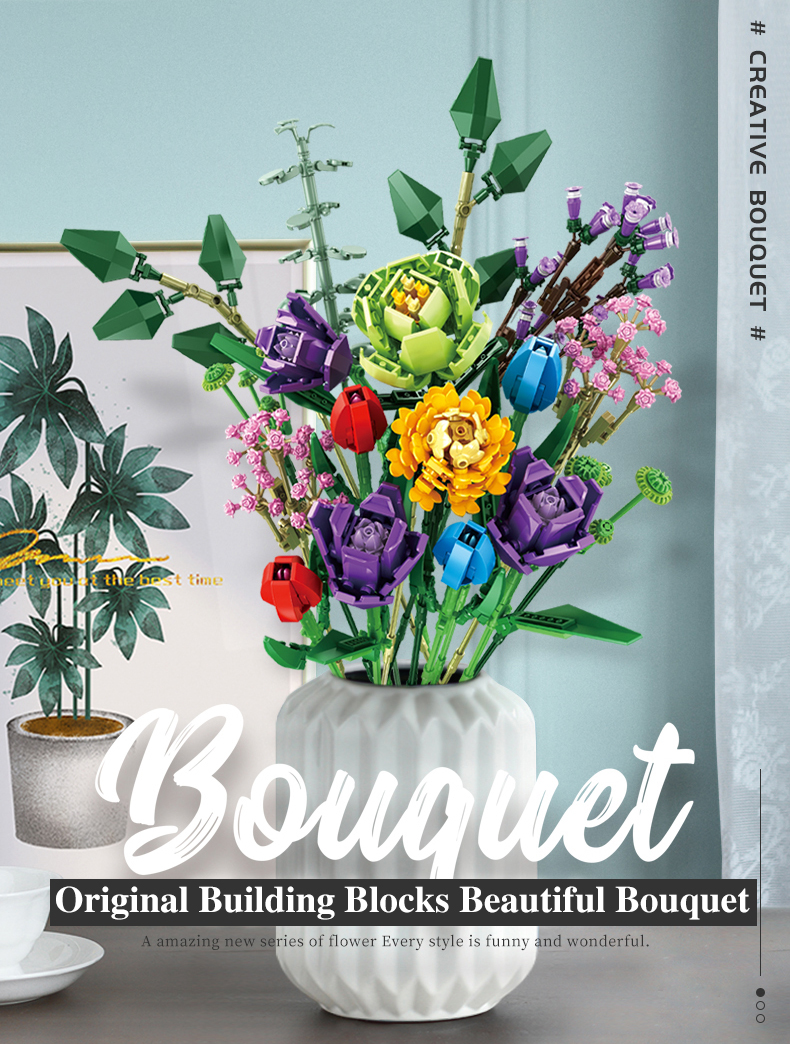 Technical Ideas Flowers Bouquet Building Blocks Moc Romantic Rose Flower Bricks Home Decoration DIY Toys for Girl Birthday Gift compatible with LEGO