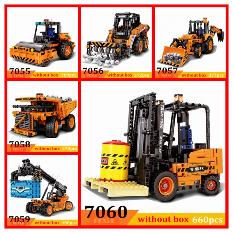 Engineering Vehicle Compatible Legoings Technic Forklift Road Roller Crane Truck Wheel Excavator Mechanical Building Blocks Toys 7055